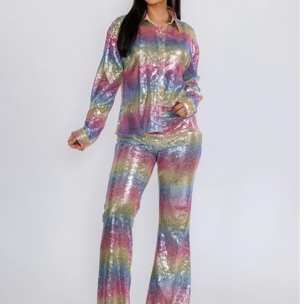 CH8 NWT Main Strip Multicolor Sequin Pantsuit Blouse Flare Leg 2 Pc Sm Md Lg - Picture 1 of 11